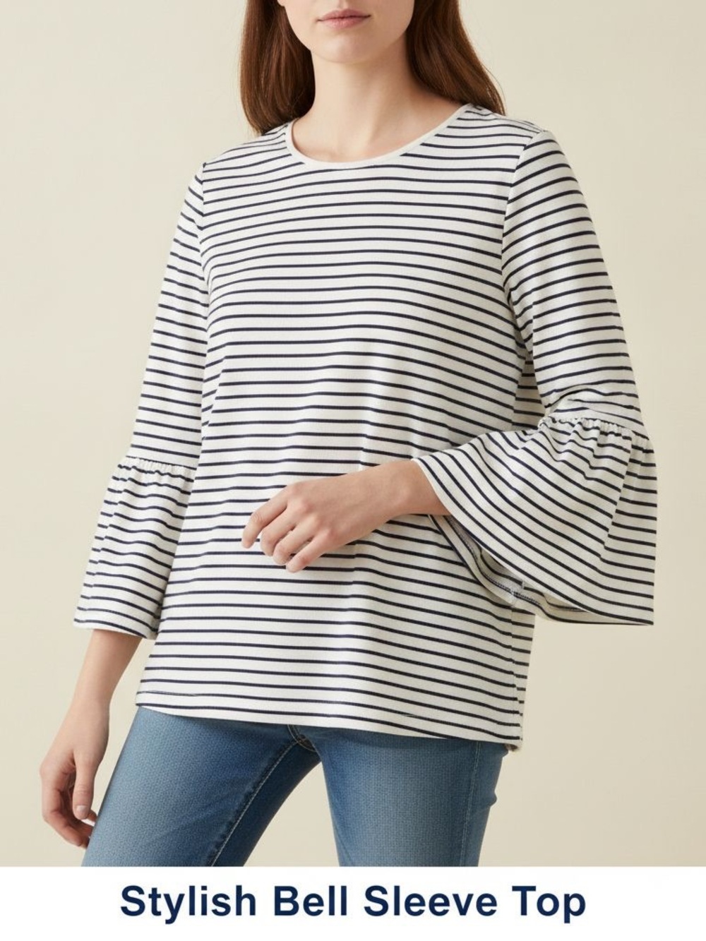 Striped Bell Sleeve Long-Sleeve Top - White & Navy